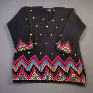 Carole Little Aztec Beads Sweater Sz S Cottagecore Grandma Core Y2K Ramie Cotton